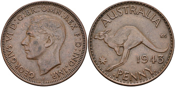 Австралия 1 пенни 1943 Георг VI (1937-1952), кенгуру KM 36 бронза 4368-224