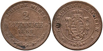 Саксония 2 пфеннига 1869 В, Иоганн (1854-1873) KM 1217, Jaeger 121, AKS 155 медь 116-653