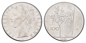 Италия 100 лир 1981 R, Афина у оливкового дерева KM 96.1 нержавеющая сталь 186-1117