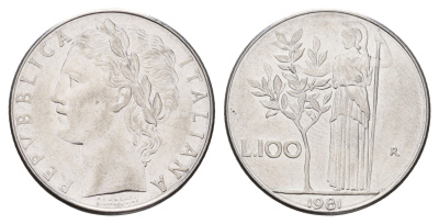 Италия 100 лир 1981 R, Афина у оливкового дерева KM 96.1 нержавеющая сталь 186-1117