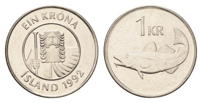 Исландия 1 крона 1992 треска KM 27a сталь плакированная никелем UNC 4687-839