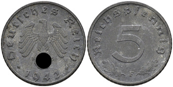 Германия 5 рейхспфеннигов 1942 F, KM 100 цинк 100-528