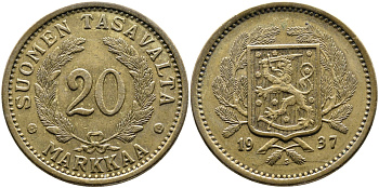 Финляндия 20 марок 1937 S KM 32 алюминиевая бронза 4389-111