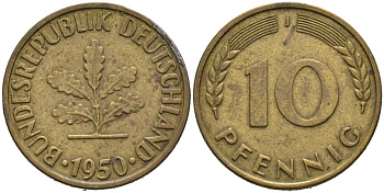 ФРГ 10 ПФЕННИГОВ 1950 J KM 108, J.383 сталь плакированная латунью 75-616