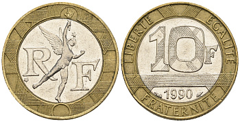 Франция 10 франков 1990 тип Гений Бастилии KM 964.1, Le Frank 375.5 биметалл 85-127