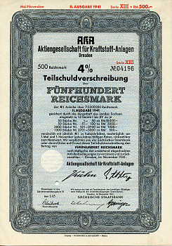 Германия 500 рейхсмарок 1941 АО топливных заводов, Дрезден, также известное как AKA, 4% частичное обязательство, облигация   бумага   8803-33-1