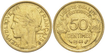 ФРАНЦИЯ 50 САНТИМОВ 1941 ТИП MORLON KM 894.1, LE FRANC 192.18 алюминиевая бронза 44-518