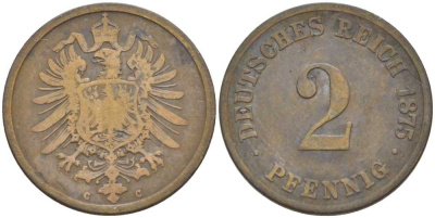 ГЕРМАНИЯ 2 ПФЕННИГА 1875 С, СТАРОГЕРБОВКА KM 2, J. 2, Weege 3 медь 212-534