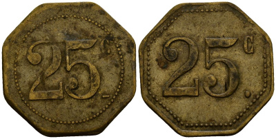 Франция 25 сантимов XIX-XX век ресторанный жетон латунь 4166-445