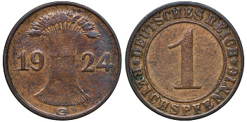 ГЕРМАНИЯ 1 РЕЙХСПФЕННИГ 1924 G KM 37, J.313 бронза 72-1134