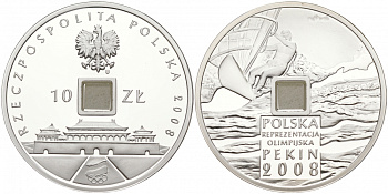 Польша 10 злотых 2008 XXIX Летние Олимпийские игры 2008 года в Пекине, виндсерфинг, стилизованная под старинный кэш KM 646 серебро PROOF 1087-9-41