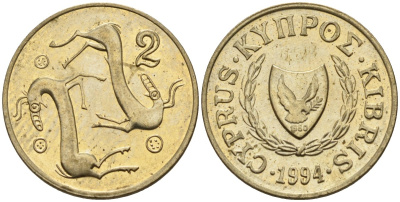 Кипр 2 цента 1994 KM 54.3 никель латунь 4174-1261