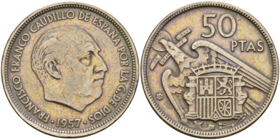 Испания 50 песет 1957 (58) Франсиско Франко (1939-1975) KM 788 медно-никель    180-232