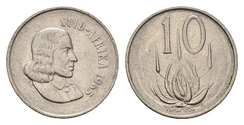 ЮАР 10 центов 1965 Ян ван Рибек (1619-1677), Suid Africa, легенда на африкаанс, цветок алоэ KM 68.2 никель 4687-334