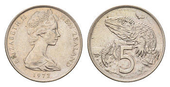 Новая Зеландия 5 центов 1972 Елизавета II (1952-2022), ящерица гаттерия KM 34.1 медно-никель UNC 4669-1166