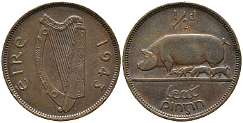 ИРЛАНДИЯ 1/2 ПЕННИ 1943 СВИНЬЯ С ПОРОСЯТАМИ KM 10 бронза 34-921
