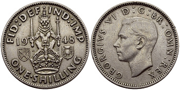 Великобритания 1 шиллинг 1948 Георг VI (1936-1952), Шотландский герб KM 864, Spink 4104 медно-никель 80-225