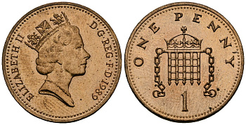 Великобритания 1 пенни 1989 Елизавета II (1952-2022) KM 935, Spink 4381 (B3) бронза 4176-621