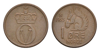 Норвегия 1 эре 1963 Улаф V (1957-1991) KM 403 бронза 4632-1115