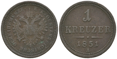 Австрия 1 крейцер 1851 A, Франц Иосиф I (1848-1916) KM 2185 медь 4641-644