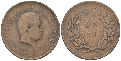 Португалия 20 реалов 1891 Карлуш I (1889-1908) KM 533 бронза 4512-934