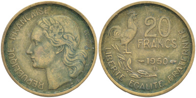 ФРАНЦИЯ 20 ФРАНКОВ 1950 В, 4 ПЕРА KM 917.2, LE FRANC 402.4 алюминиевая бронза 4556-153