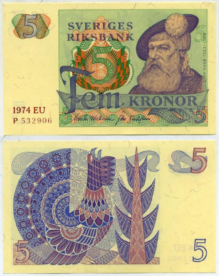 Швеция 5 крон 1974 EU, Густав I Ваза Pick 51c бумага aUNC 445-19-3