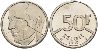 БЕЛЬГИЯ 50 ФРАНКОВ 1990 BELGIE, БОДУЭН I (1951-1993) KM 169 никель 4384-146