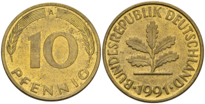 ФРГ 10 пфеннигов 1991 A KM 108, J. 383 сталь плакированная латунью 4175-355
