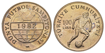 Турция 100 лир 1982 Чемпионат Мира по футболу 1982 KM 951 медно-никель BU 4558-1224