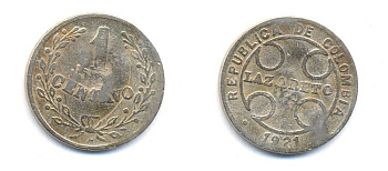 Колумбия 1 сентаво 1921 государственный лепрозорий KM L9 медно-никель 53-269