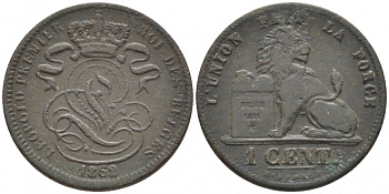 БЕЛЬГИЯ 1 САНТИМ 1862 BELGES KM 1.2 медь 116-714