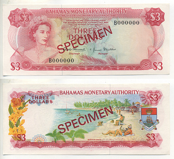 Багамские острова 3 доллара 1968 Елизавета II (1952-2022), Specimen, образец Pick 28s бумага UNC (пресс) 451-307-2