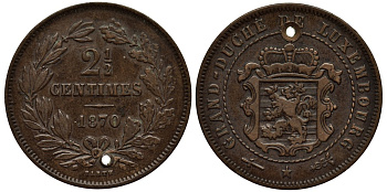 ЛЮКСЕМБУРГ 2 1/2 САНТИМА 1870 u, ГЕРЦОГ ВИЛЛЕМ III НИДЕРЛАНДСКИЙ (1849-1890), МОНДВОР УТРЕХТ, БЕЗ ТОЧКИ, С ОТВЕРСТИЕМ КМ 21 бронза 4538-752