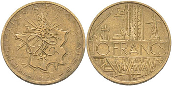 Франция 10 франков 1978 тип Матье KM 940, Le Franc 365.11-12 никель латунь 111-1015