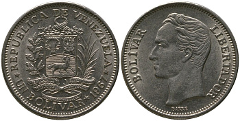 Венесуэла 1 боливар 1967 Симон Боливар KM 42, Schon 52 никель 4525-1041