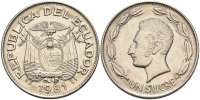 Эквадор 1 сукре 1981 Антонио Хосе Сукре KM 78b сталь плакированная никелем  UNC  4595-653