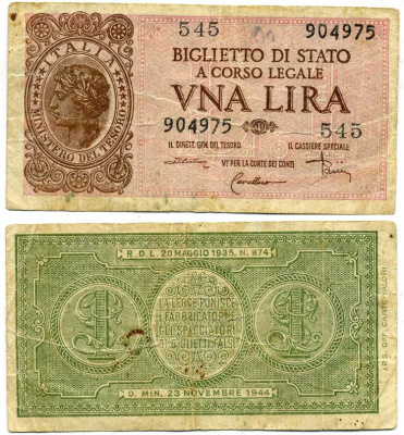 Италия 1 лира 1944 23 ноября 1944, подпись Dicristina Pick 29с бумага 3295-43-2-1