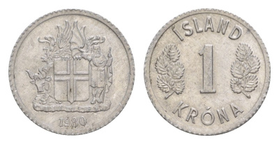 Исландия 1 крона 1980 KM 23 алюминий UNC 4632-961