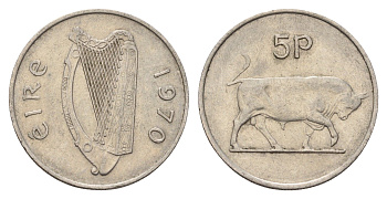 Ирландия 5 пенсов 1970 бык KM 22 медно-никель 4641-1035