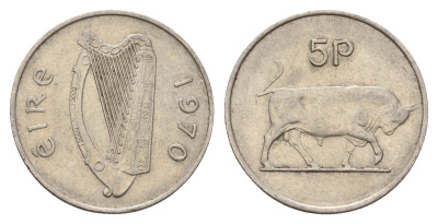 Ирландия 5 пенсов 1970 бык KM 22 медно-никель 4641-1035