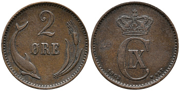 ДАНИЯ 2 ЭРЕ 1902 VBP, КРИСТИАН IX (1863-1906) KM 793.2 бронза 67-145