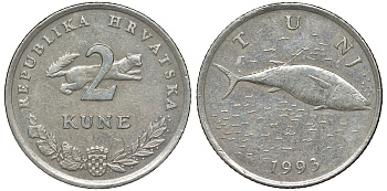 Хорватия 2 куны 1993 тунец, легенда на хорватском KM 10 медно-никель 219-814