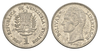 Венесуэла 1 боливар 1989 Симон Боливар, тонкий шрифт Y 52a.1 сталь плакированная никелем 4662-847