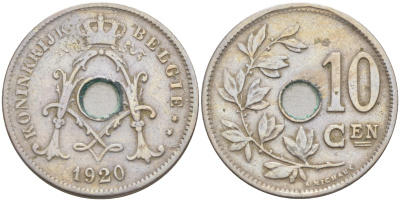БЕЛЬГИЯ 10 САНТИМОВ 1920 BELGIE KM 86 медно-никель 106-654