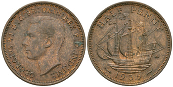 Великобритания 1/2 пенни 1939 Георг VI (1936-1952) KM 844, Spink 4115 бронза 4163-1114