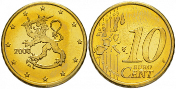 Финляндия 10 евроцентов 2000 из ролла KM 101 латунь UNC M26-11