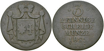 Вальдек-Пирмонт 3 пфеннига 1825 FW KM 71 медь 65-811