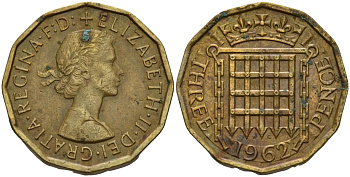 Великобритания 3 пенса 1962 Елизавета II (1952-2022) KM 900, Spink 4153 никель латунь 4153-741