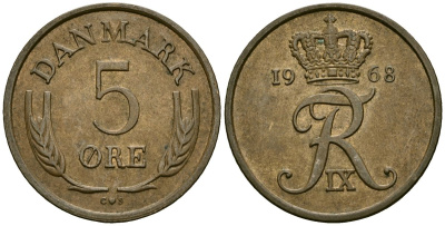 Дания 5 эре 1968 C; S, Фредерик IX (1947-1972) KM 848 бронза 4138-837